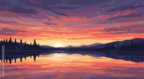 A breathtakingly beautiful vector illustration capturing a vibrant sunset reflecting upon a tranquil lake, framed by silhouetted mountains and dense
