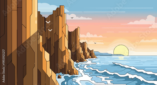Vibrant coastal sunset illustration featuring majestic cliffs overlooking dynamic ocean waves, bathed in golden light, creating a serene and