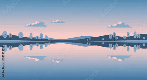 Serene symmetrical digital landscape art featuring tranquil water reflecting pastel sky, hills, and stylized trees