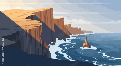 Stylized coastal landscape with majestic cliffs meeting a dynamic, turbulent ocean where powerful waves crash against a rugged shore, an isolated