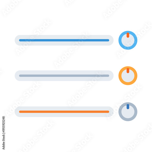 Set of three slider controls with colorful circles on white background, flat design