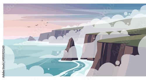 Stylized Coastal Landscape with Towering Cliffs and Azure Ocean Waves Beneath a Cloud-Draped Sky
