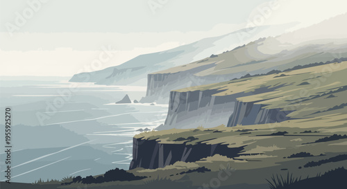 Illustrative landscape showcasing dramatic coastal cliffs overlooking a calm sea, with rolling hills receding into a hazy sky, evoking a sense of