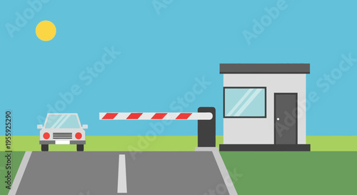 Car Approaching Security Gate Booth.