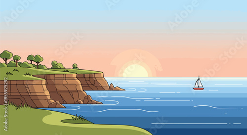 Serene coastal journey at dusk, a lone sailboat glides past ancient sunlit cliffs and calm waters