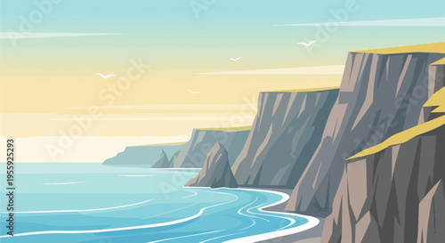 Expansive flat design coastal scene with towering cliffs, serene ocean, and soaring birds at sunrise
