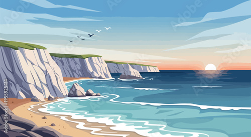 A vibrant vector illustration capturing a serene coastal sunrise. Majestic white cliffs overlook a tranquil sandy beach where gentle ocean waves