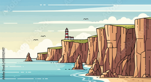 Lighthouse on scenic cliffs above the ocean, a tranquil vector illustration of coastal beauty and maritime charm under serene skies.