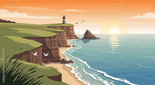Luminous coastal cliffs illuminated by a setting sun, with a lighthouse and graceful gulls