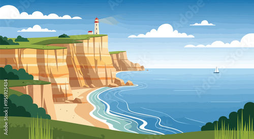 Vibrant coastal panorama showcasing a lighthouse on majestic cliffs overlooking a tranquil sea with a distant sailboat