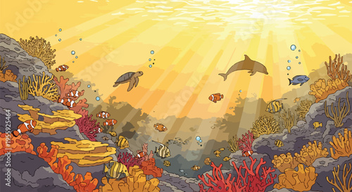 Vibrant underwater world teeming with life, where a sea turtle gracefully swims alongside a playful dolphin, surrounded by a kaleidoscopic coral