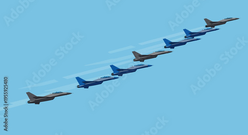 Formation of Military Fighter Jets Flying.