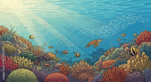 A vibrant underwater world showcasing a thriving coral reef with diverse marine life, a graceful sea turtle, and colorful fish, bathed in natural