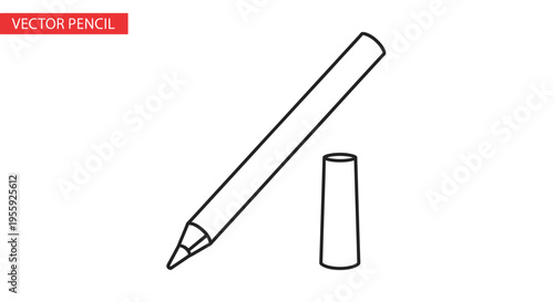 Simple Line Drawing of a Pencil and Cap on White Background