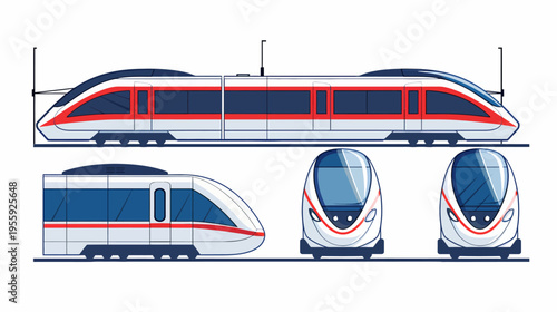 Illustration of a sleek, white, red, and blue high-speed passenger train from multiple angles