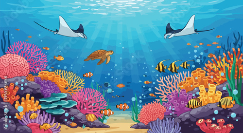 A lively underwater world featuring majestic manta rays, a serene sea turtle, and colorful fish amidst vibrant coral formations, bathed in ocean