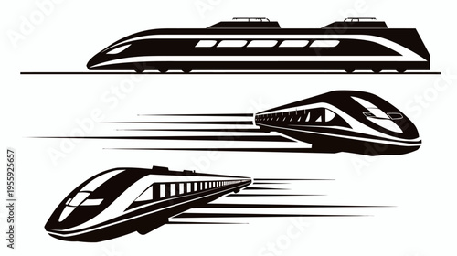 Black and white illustration of three high-speed trains moving from different perspectives