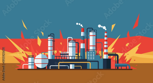 Industrial Factory with Smoking Stacks Emitting.