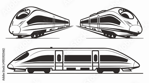 Three outlined, graphic, high-speed trains in black & white composition