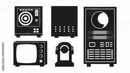 A collection of retro electronic equipment rendered in a black and white silhouette style