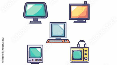 Cartoon style illustration of five distinct vintage computer monitor designs