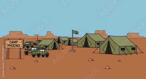 Military desert camp with tents.