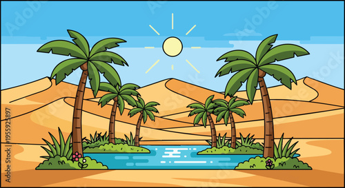 Vibrant cartoon illustration of a serene desert oasis, featuring lush palm trees by a calm pool, surrounded by expansive golden sand dunes under a