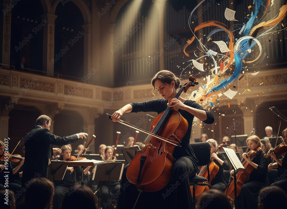 Fototapeta premium Dedicated Cellist Performing in an Orchestra, Capturing the Essence of Classical Music and Artistry