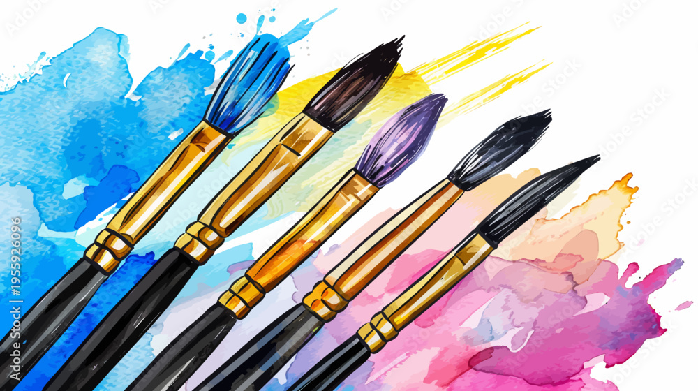 Obraz premium Watercolor image of five paintbrushes with various colorful paint splatters background