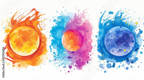Three planets represented in watercolor orange fire, purple rain, blue water