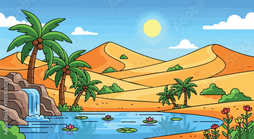 Desert oasis illustration with palm trees, waterfall, and tranquil water under a bright sun
