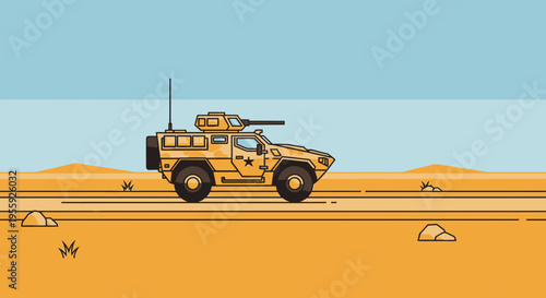 Military vehicle on desert road.