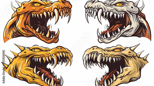 Four dragon heads, rendered in a cartoon style, with open jaws and sharp teeth