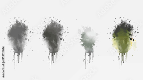 Four abstract, textured ink splatters, each dripping, in varying shades of gray and green