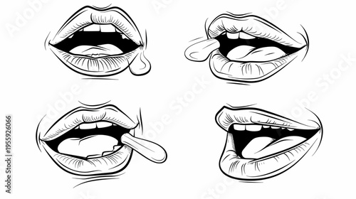 Four sketched lip and mouth illustrations in different expressions and angles