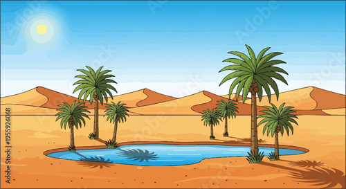 Vibrant cartoon desert oasis with lush green palm trees surrounding refreshing blue water pond. Golden sand dunes rise under bright sunny sky.