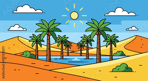 Vibrant desert oasis with stylized palm trees, calm water, and golden dunes beneath a sunny blue sky