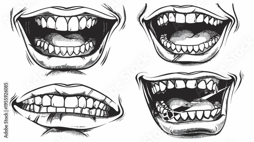 Four monochrome mouth drawings with exposed teeth and expressive lip positions