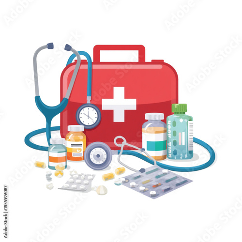 first aid kit and stethoscope