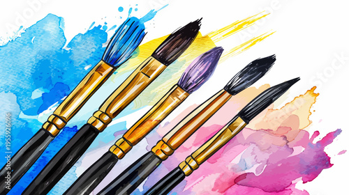 Watercolor image of five paintbrushes with various colorful paint splatters background