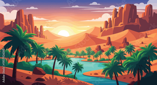 Colorful desert oasis scene at sunset featuring towering rock formations and lush palm trees