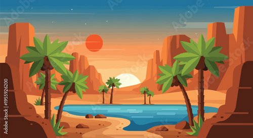 Vivid flat illustration of a serene desert oasis. Tranquil blue water pool, lush green palm trees, majestic red rock formations, gradient twilight