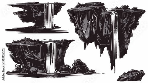 Grayscale vector art depicts floating rocky islands with cascading waterfalls, detailed shading