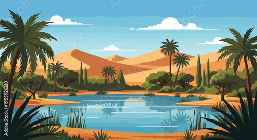 A captivating and serene desert oasis landscape, beautifully illustrated with vibrant palm trees and lush vegetation surrounding a reflective water