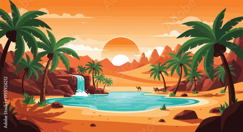 Vibrant desert oasis sunset with palm trees, serene lake, waterfall, dunes, and camels