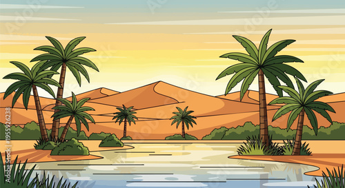 A vibrant illustrated desert oasis scene showcasing majestic palm trees swaying gently beside tranquil waters amidst undulating golden sand dunes