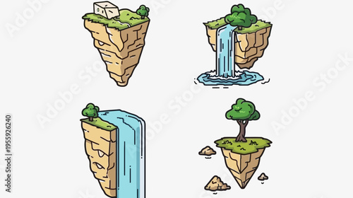 Four cartoon floating islands, each with distinct geological features, on a white background