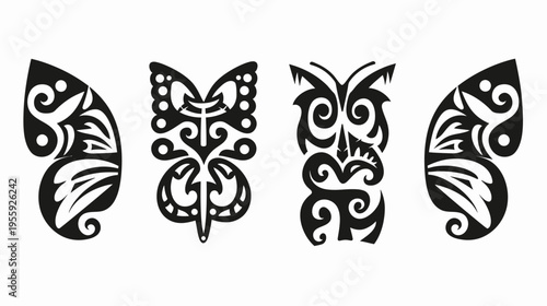Four tattoo-style designs, black shapes with swirls on white background, graphic