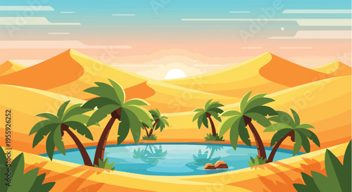 A stylized vector illustration of a serene desert oasis at sunset. Lush palm trees border a tranquil pond within golden sand dunes under a soft