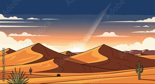 A beautiful vector illustration depicting a dramatic desert sunset with undulating sand dunes and sparse resilient cacti under a vast gradient sky